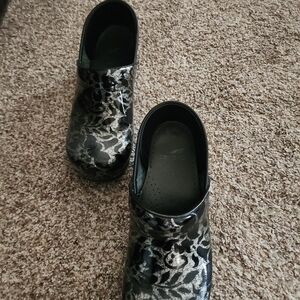 Dansko Black and Silver Floral Mules